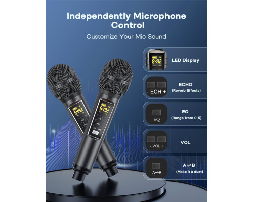 Караоке-машина портативна Bluetooth-колонка з 9 режимами світлодіодного підсвічування та 2 бездротовими мікрофонами UHF