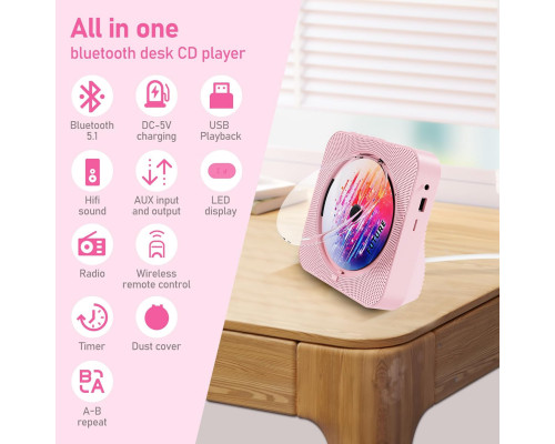 Портативний настільний CD-плеєр Bluetooth 5.1 з динаміками Hi-Fi та пультом дистанційного керування