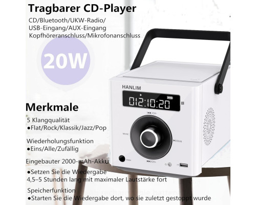 Портативний CD-плеєр HANLIM 20 Вт (акумулятор 2000 мА·год та пульт ДК)