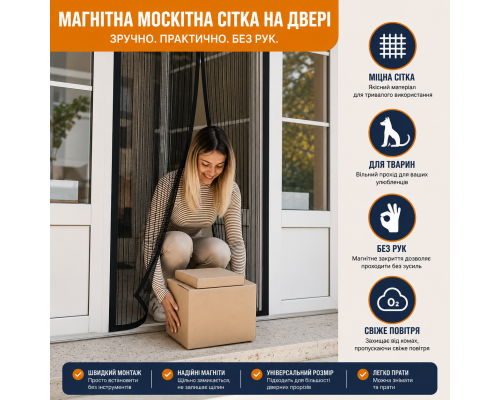 Москітна сітка на двері з магнітним закриттям 100 х 210 см