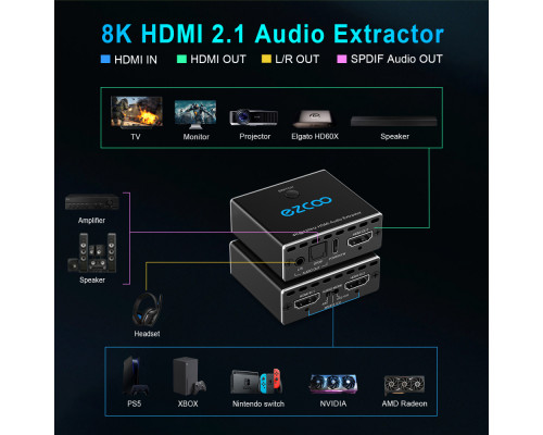 Аудіоекстрактор 4K@120Hz 4:4:4 8bit 2x1 ARC CEC HDMI 2.1