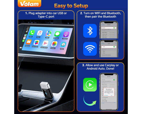 Безпровідний автомобільний адаптер Volam CarPlay для iPhone і Android Auto 2-в-1 Wi-Fi 5 ГГц