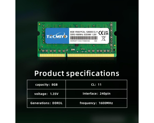 Оперативна пам'ять TECMIYO 1RX8 PC3L 12800S 8 ГБ DDR3 1600 RAM (1X8 ГБ) 1,35 В/1,5 В PC3-12800s DDR3 1600 МГц SODIMM CL11 без ECC