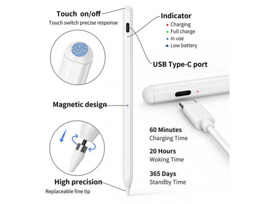 Стилус Active Capacitive Stylus 1.5 mm Superfine Nib для iPad 2018-2023 10th/9th/8th/7th/6th Gen