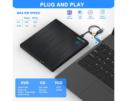 Зовнішній CD/DVD-привід NOLYTH USB 3.0 Type C Записувач компакт-дисків CD DVD +/-RW