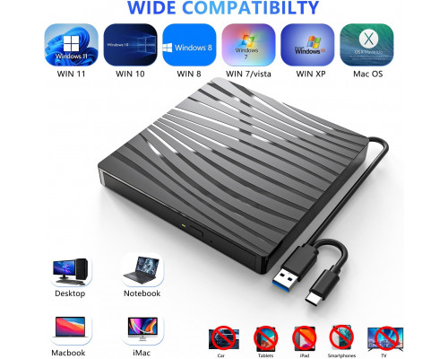 Зовнішній CD/DVD-привід QDSYLQ для ноутбука USB 3.0 та Type-C