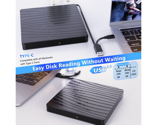Зовнішній CD/DVD-привід QDSYLQ для ноутбука USB 3.0 та Type-C